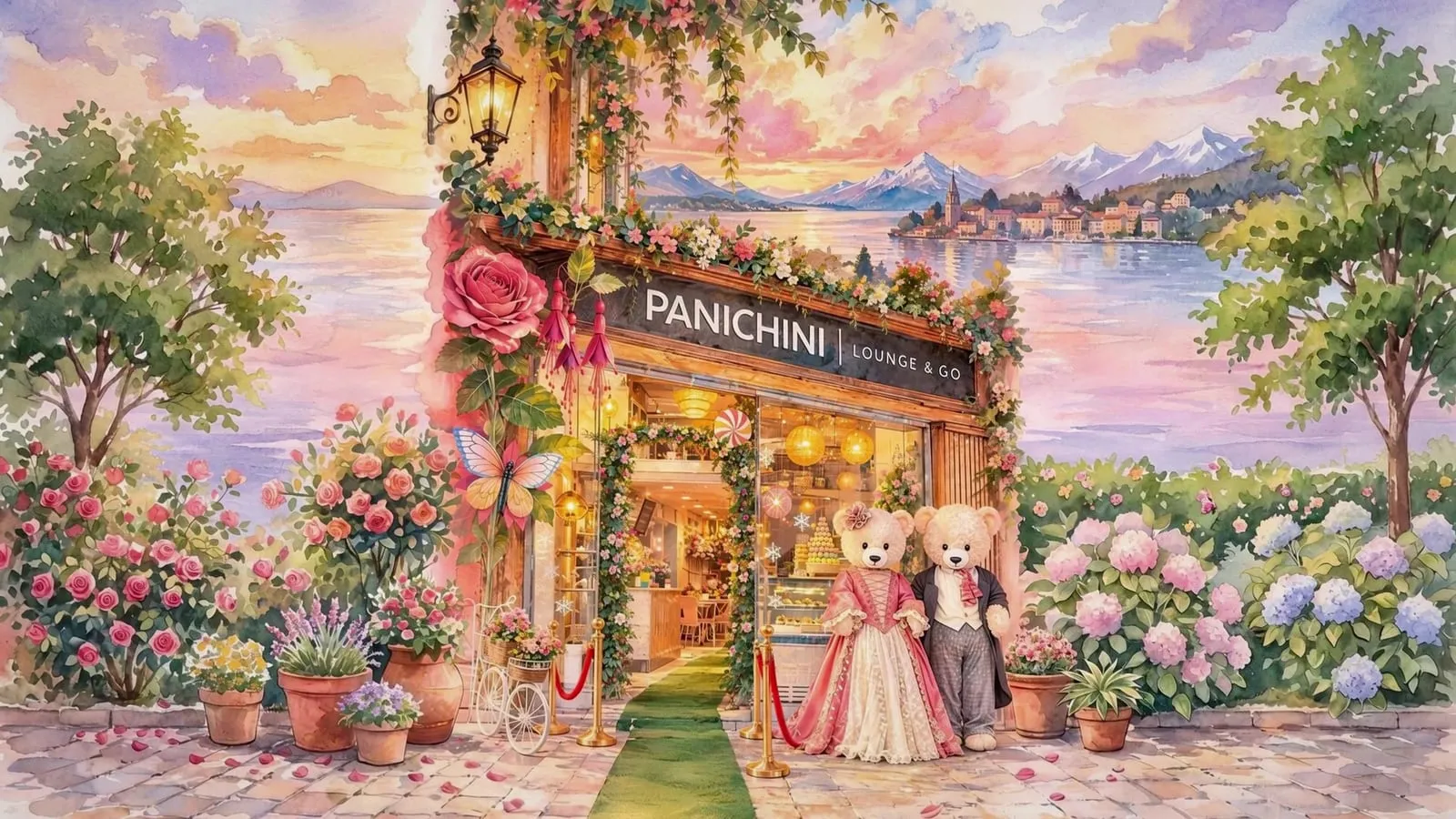 Ilustración en acuarela de la fachada de Panichini Lounge & Go, con los ositos anfitriones, rosas y el lago de Puerto Montt al fondo.